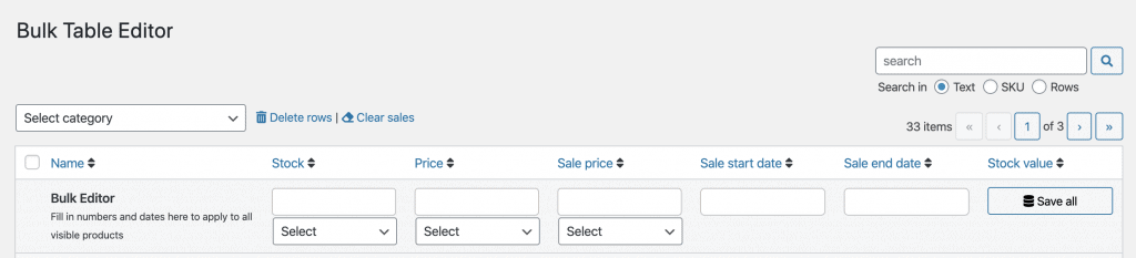 Bulk Table Editor functions